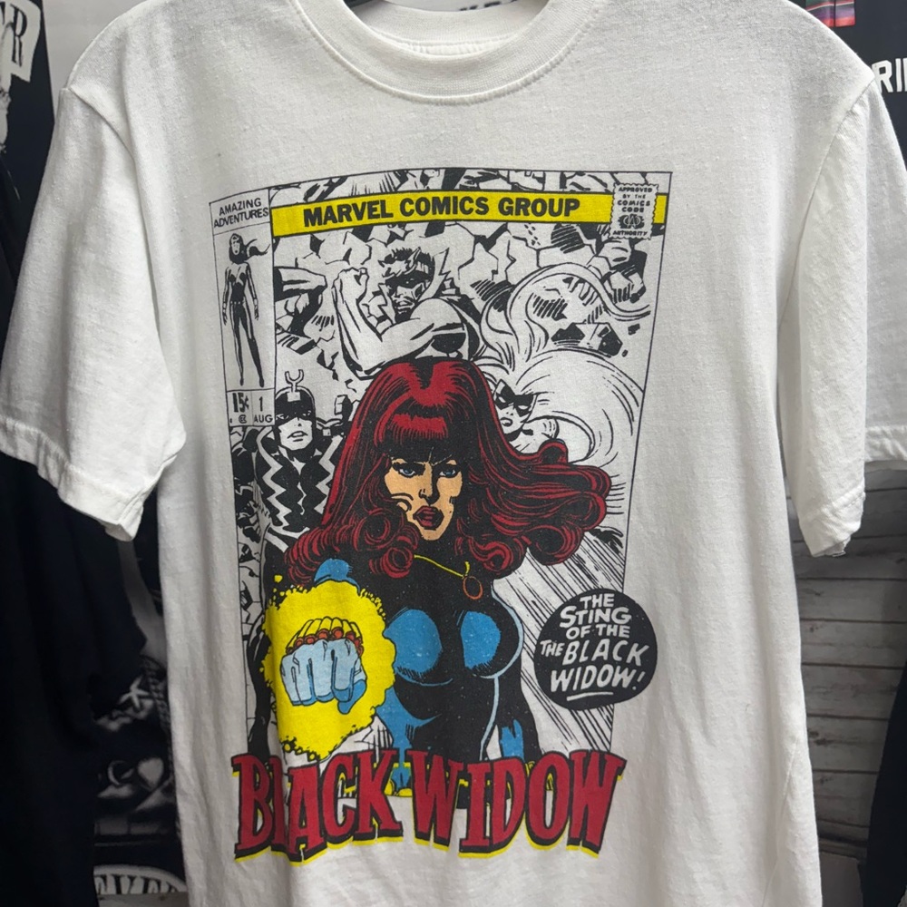 Marvel Logo Black Widow White Cotton Blend Tee